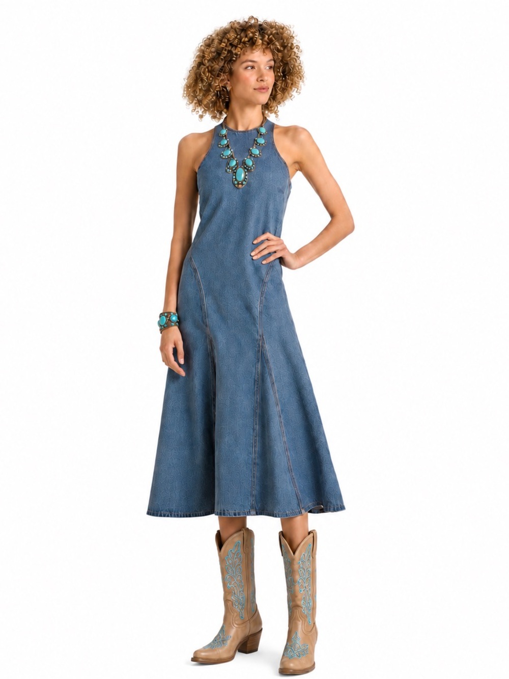 Western Denim Midi Dress Sleeveless A-Line Cowgirl Country Chic